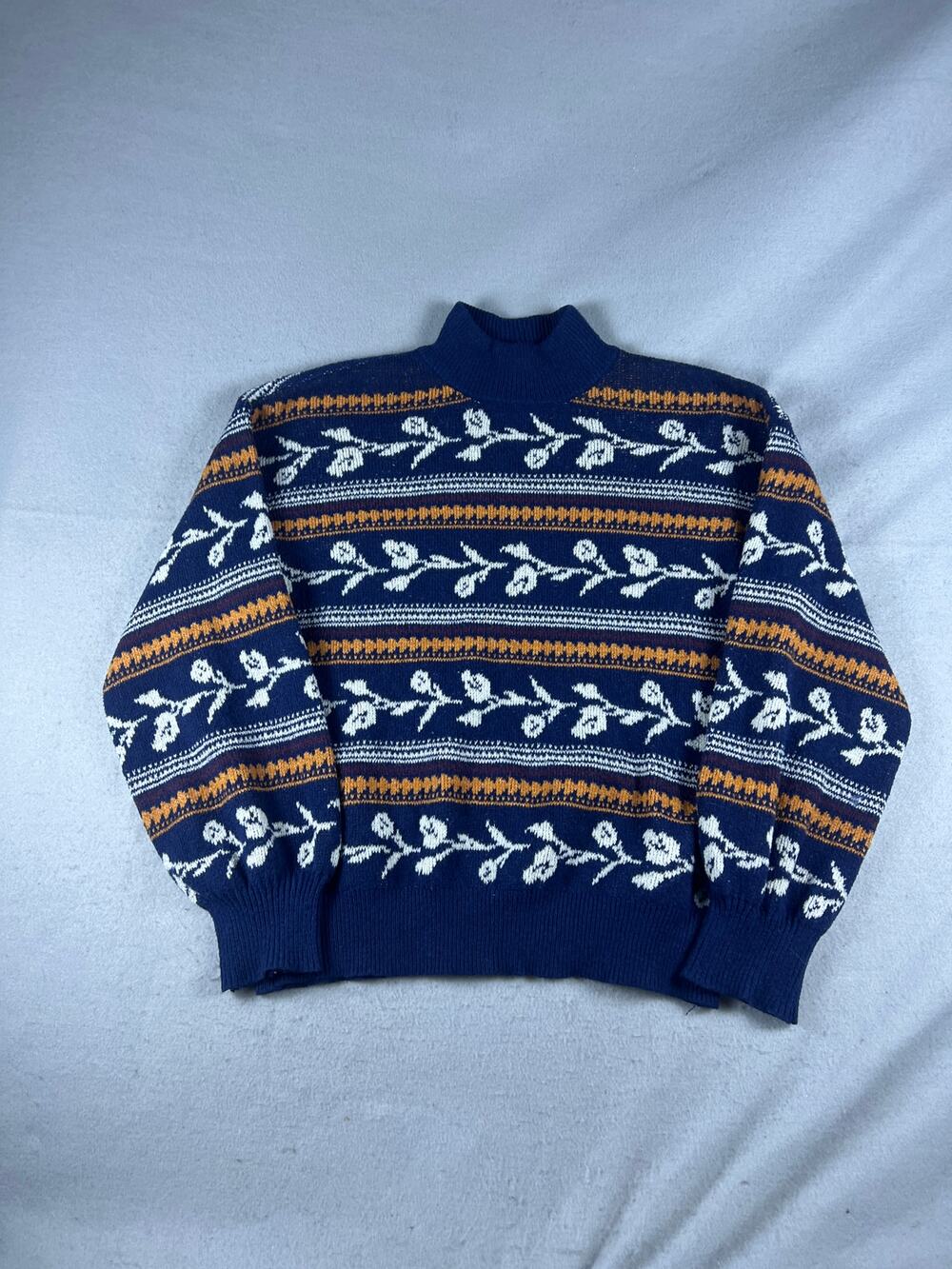 St. John's Bay Sweater Womens XL Blue Orange Yellow Mock Neck Floral Pullover